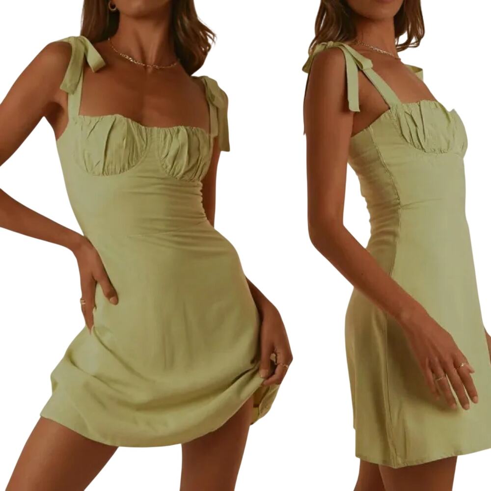 Peppermayo French Kiss Mini Dress Tie Straps Gathered Bustier Bodice Sage Green